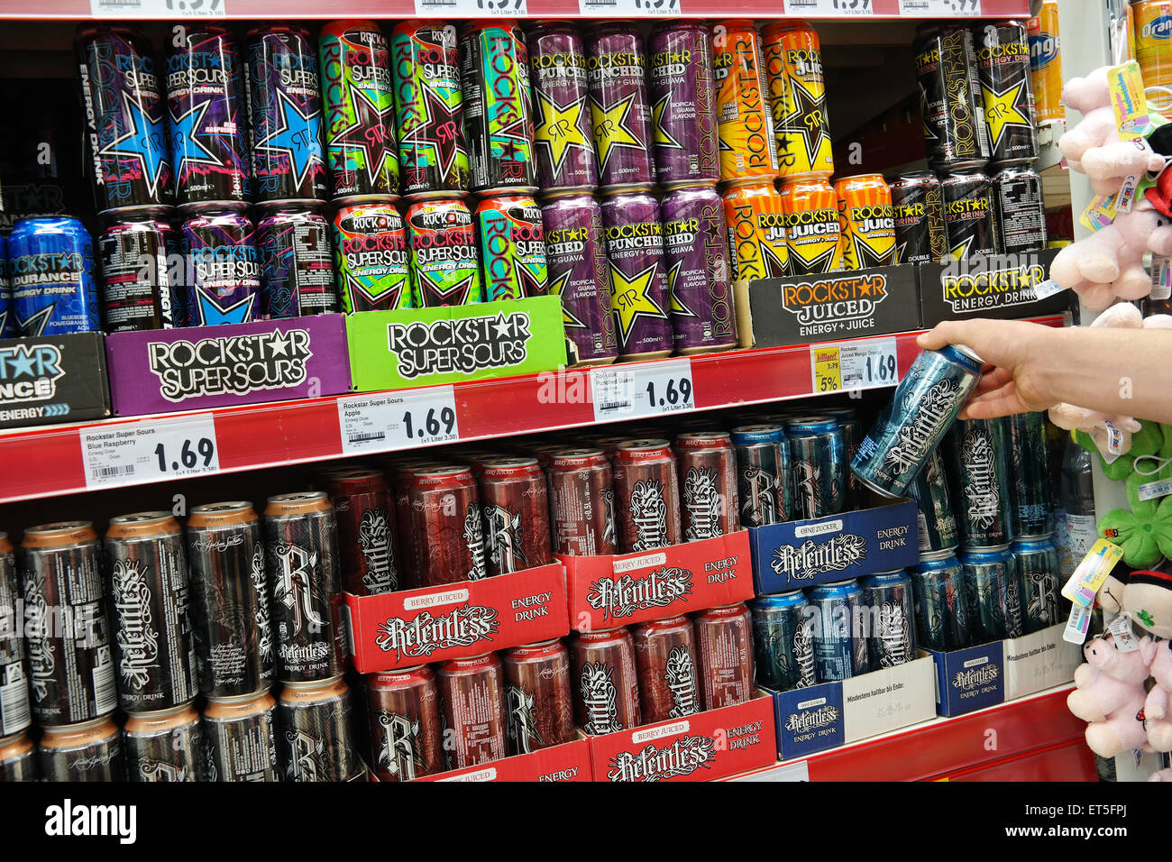 Aisle with a variety of Energy drinks in metal cans in a Kaufland supermarket. Stock Photo