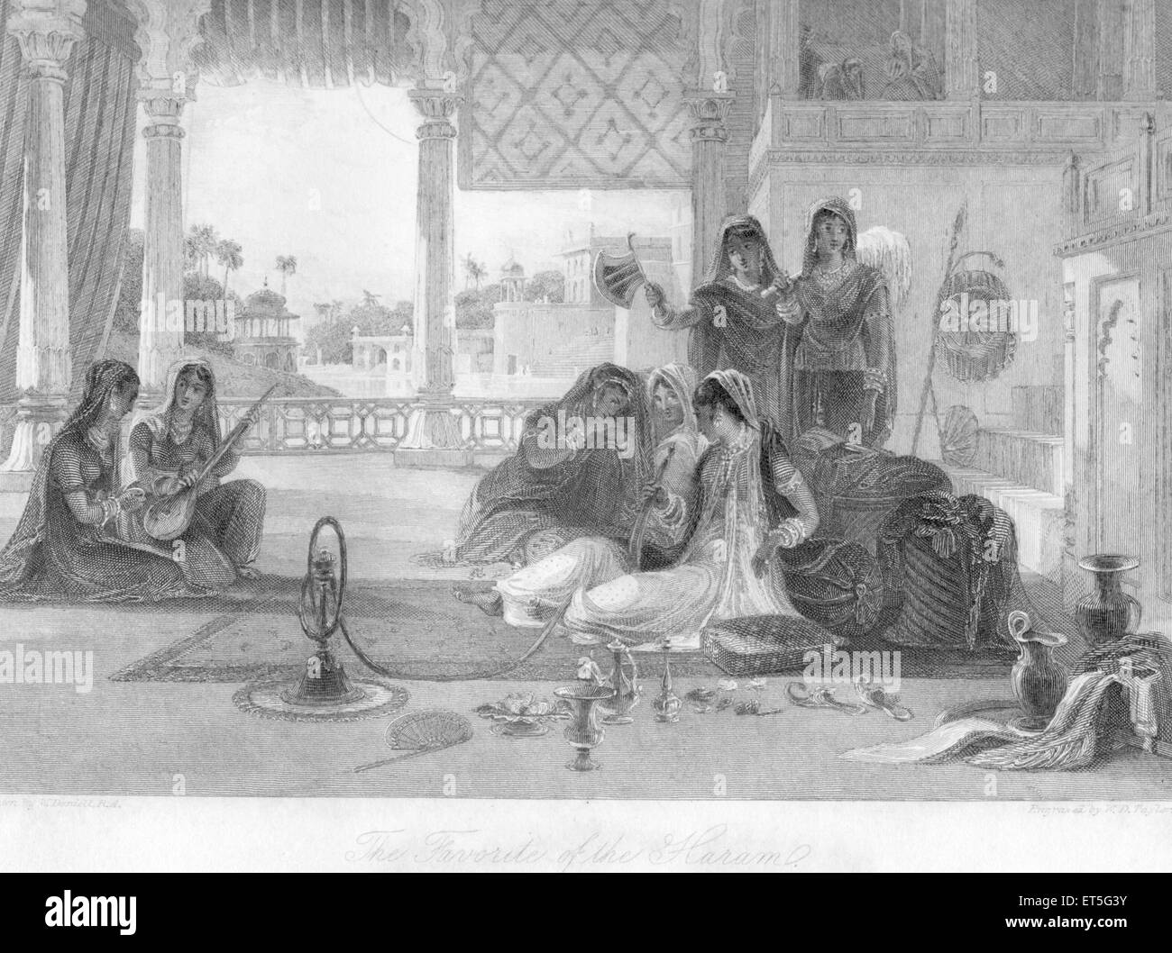 Royal Harem, Rani, Maharani, women smoking hookah, playing musical instruments, fanning, India, Asia, Asian, Indian, old vintage 1800s steel engraving Stock Photo