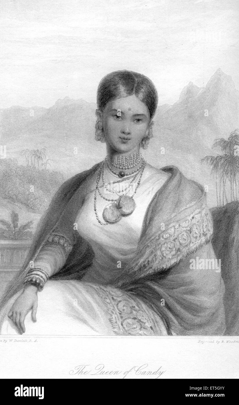 Queen of Kandy, Ceylon, Sri Lanka, Asia, Asian, old vintage 1800s steel engraving Stock Photo