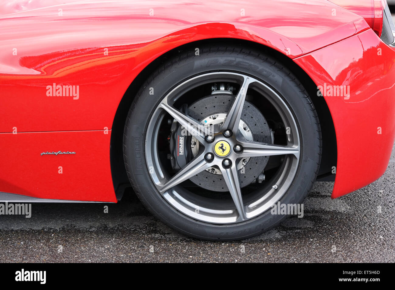 FRANCORCHAMPS, BELGIUM - MAY 2015: Close-up of a wheel with carbon ceramics brake of a Ferrari sportscar designed by Pininfarina Stock Photo