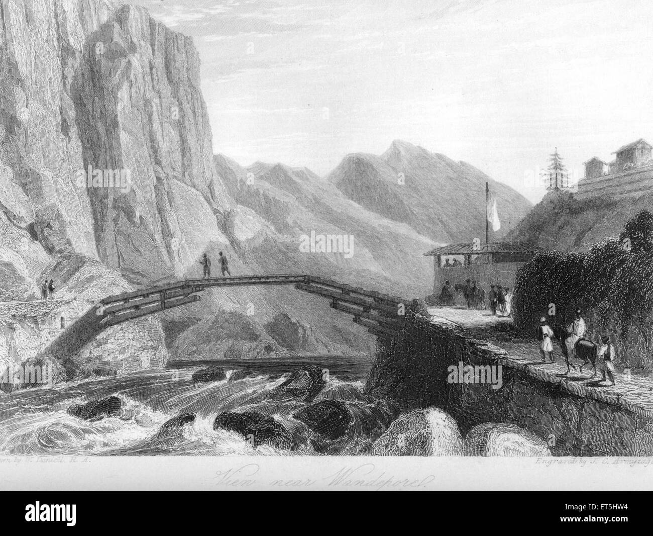 Crossing wooden bridge over river, Himalayas, India, Asia, Asian, Indian, old vintage 1800s steel engraving Stock Photo