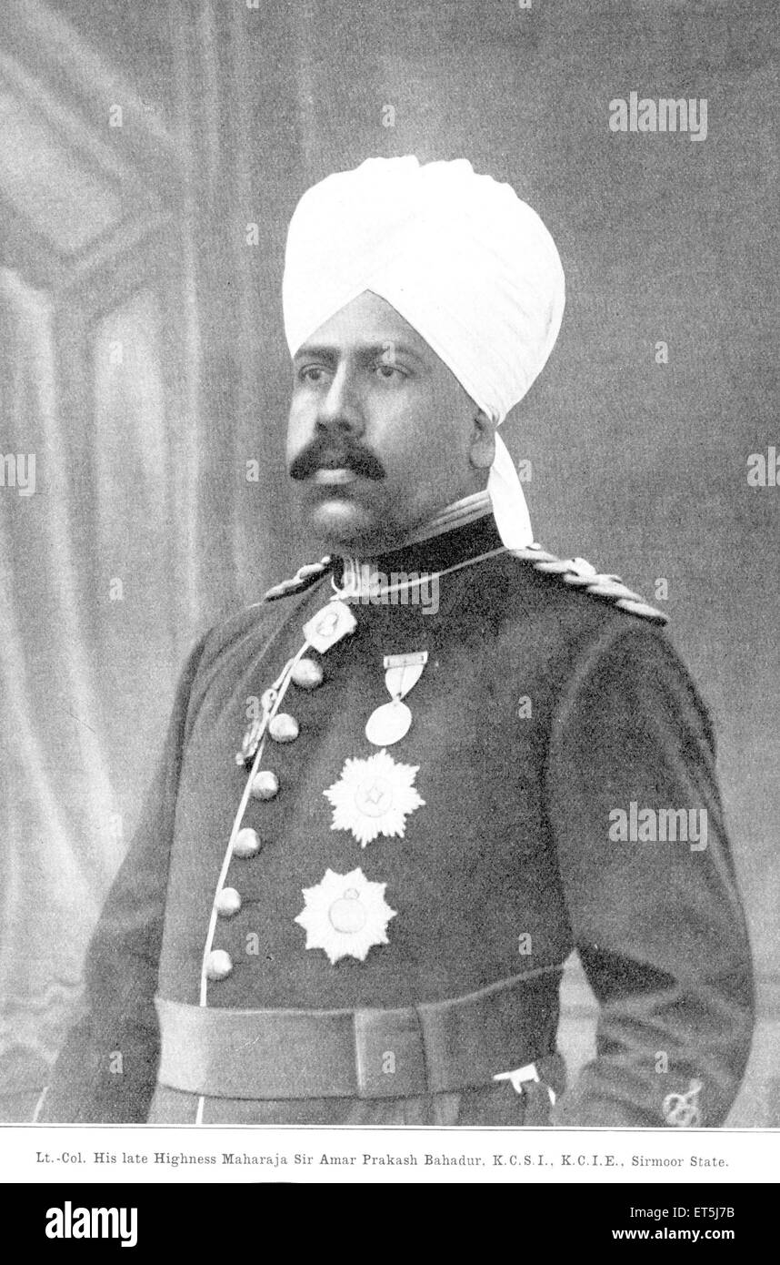 Princes of India ; Lt Col His Late Highness Maharaja Sir Amar Prakash Bahadur ; K.C.S.I. ; K.C.I.E. ; Sirmoor State NO MR Stock Photo