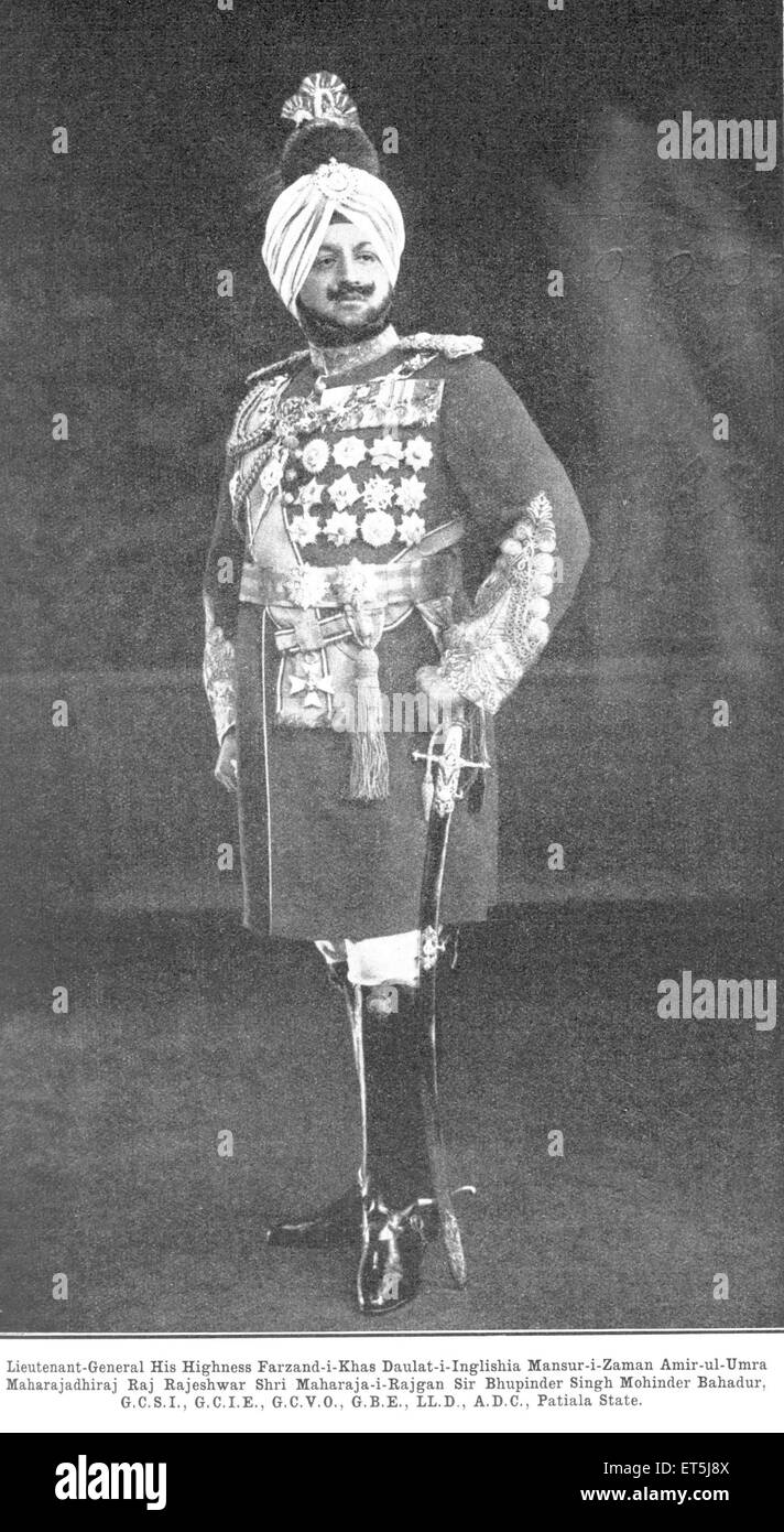 Princes Lieutenant General Maharajadhiraj Raj Rajeshwar Shri Maharaja Rajgan Sir Bhupinder Singh Mohinder Patiala Punjab India Asia Stock Photo