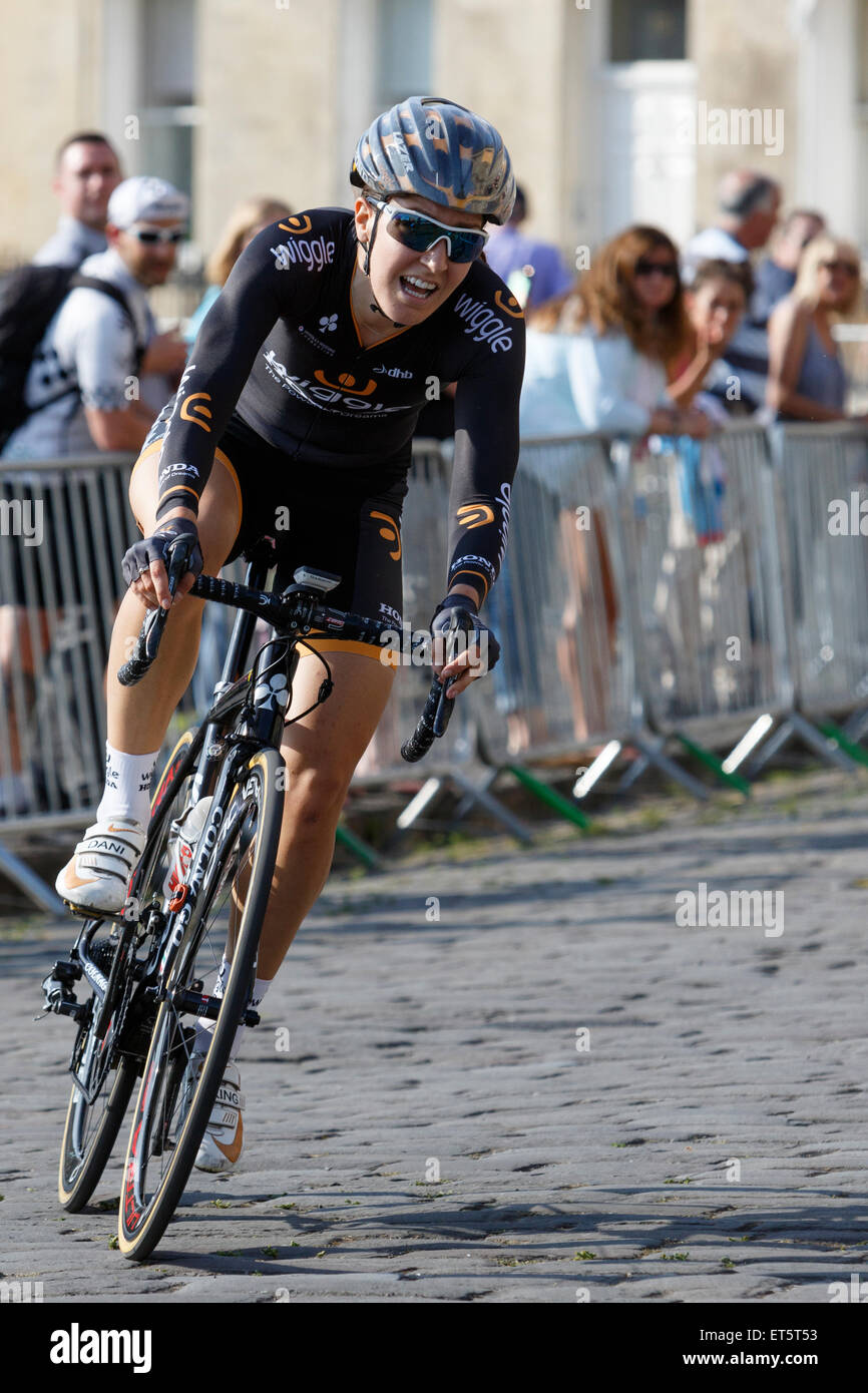 Bath, UK, 11th June, 2015. With Bath's famous Royal Crescent in the background 2012 Olympic gold medalist Dani King is pictured as she rides her way to victory in the fifth and final round of the Matrix Fitness Grand Prix Series professional womens bicycle / cycle race Credit:  lynchpics/Alamy Live News Stock Photo