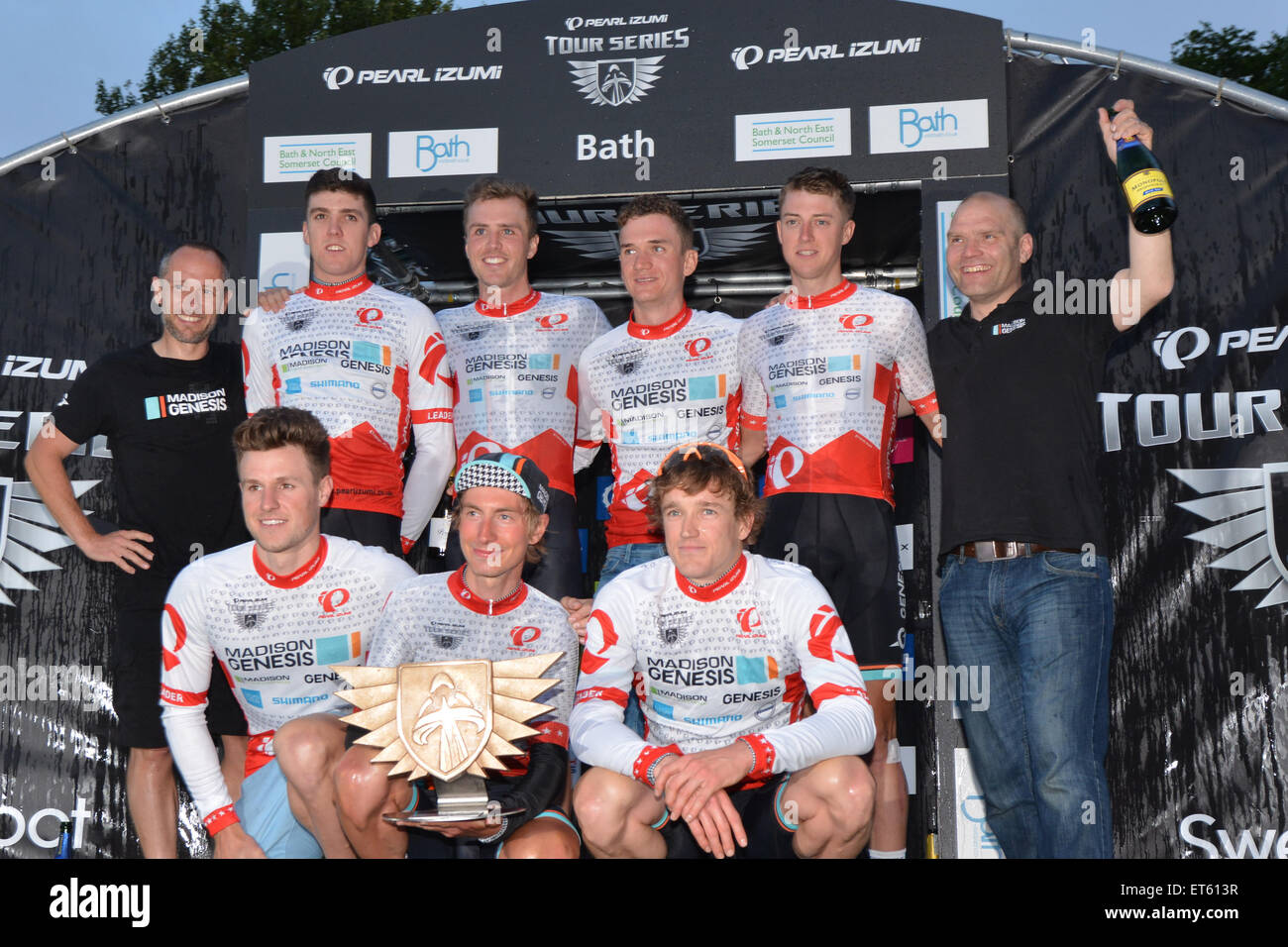 Bath, UK. 11th June, 2015. Team Madison Genesis celebrate winning the Pearl Izumi Tour Series in Bath on 11 6 2015. The team were level on points with rivals One Pro Cycling entering the last of ten rounds. Credit:  Andrew Peat/Alamy Live News Stock Photo