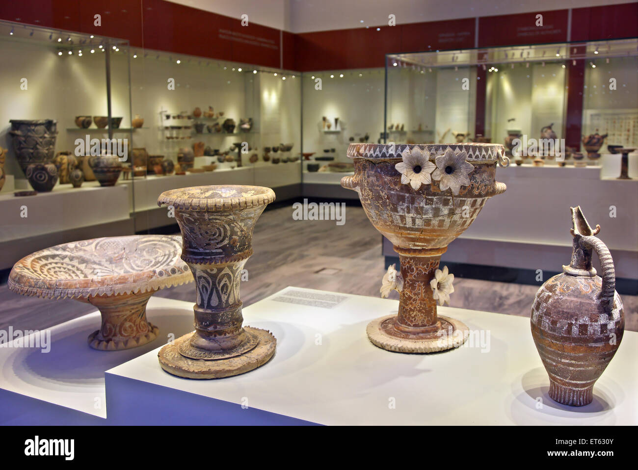 Beautiful samples of Minoan ceramic art in the Archaeological, Museum of Heraklion, Crete island, Greece. Stock Photo