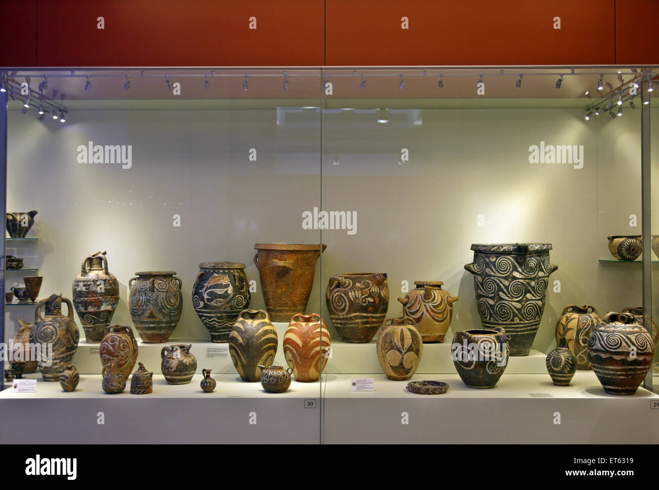 Beautiful samples of Minoan ceramic art in the Archaeological, Museum of Heraklion, Crete island, Greece. Stock Photo