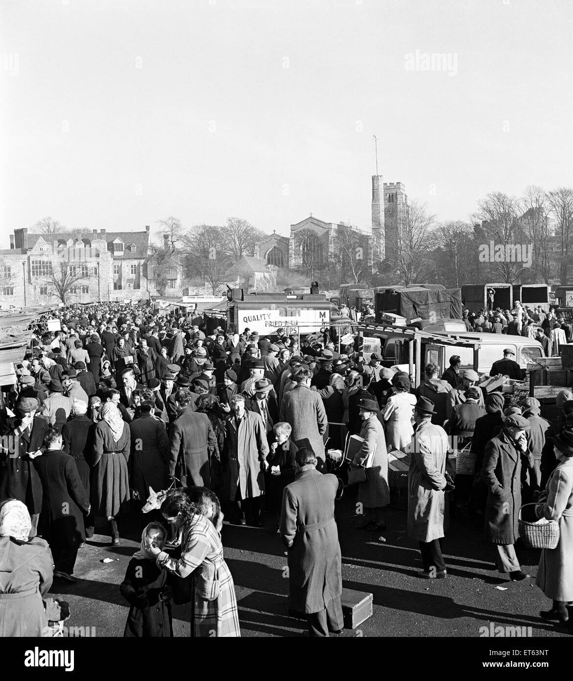 Busy scene showing shoppers and traders at Maidstone market in Kent