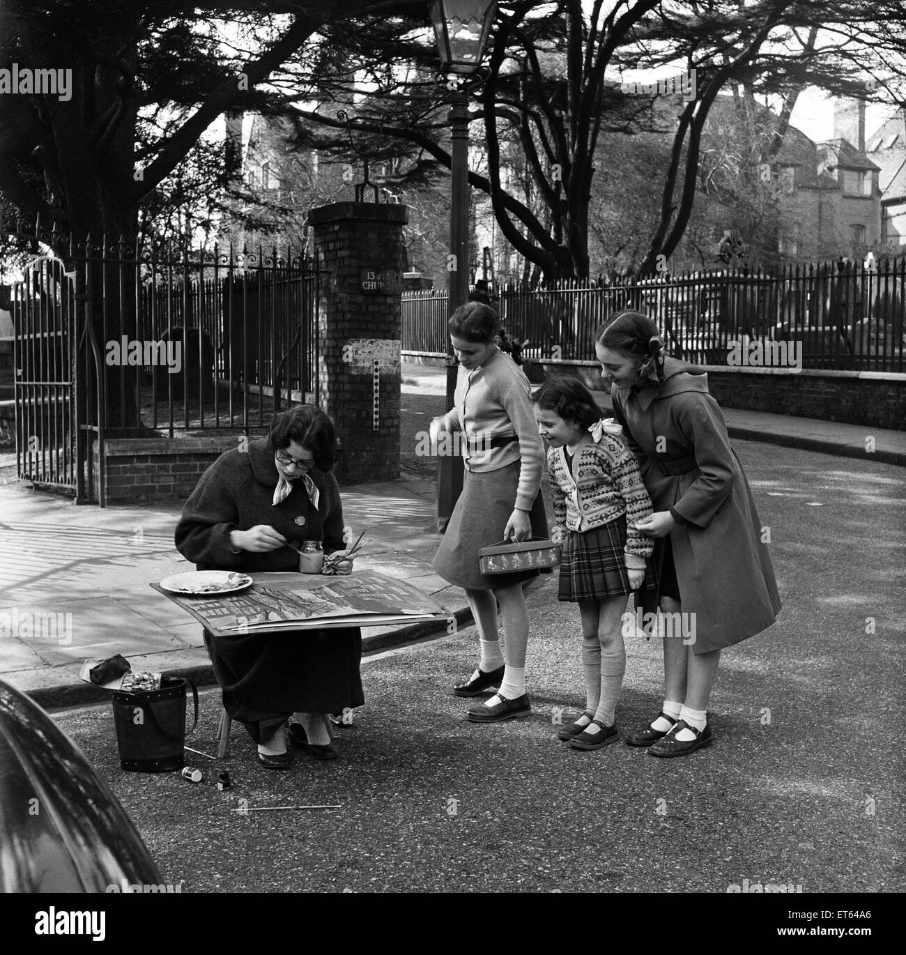 Miss Jacqueline Held (artist) in Church Row, Hampstead, North London. April 1954. Stock Photo