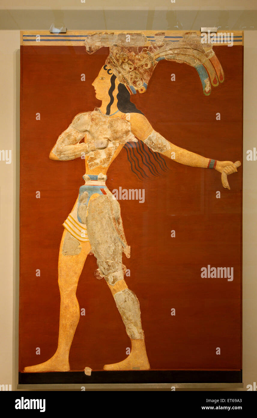 'The Prince of the Lillies' in the Archaeological Museum of Heraklion, Crete, Greece. Fresco from the Minoan Palace of Knossos Stock Photo