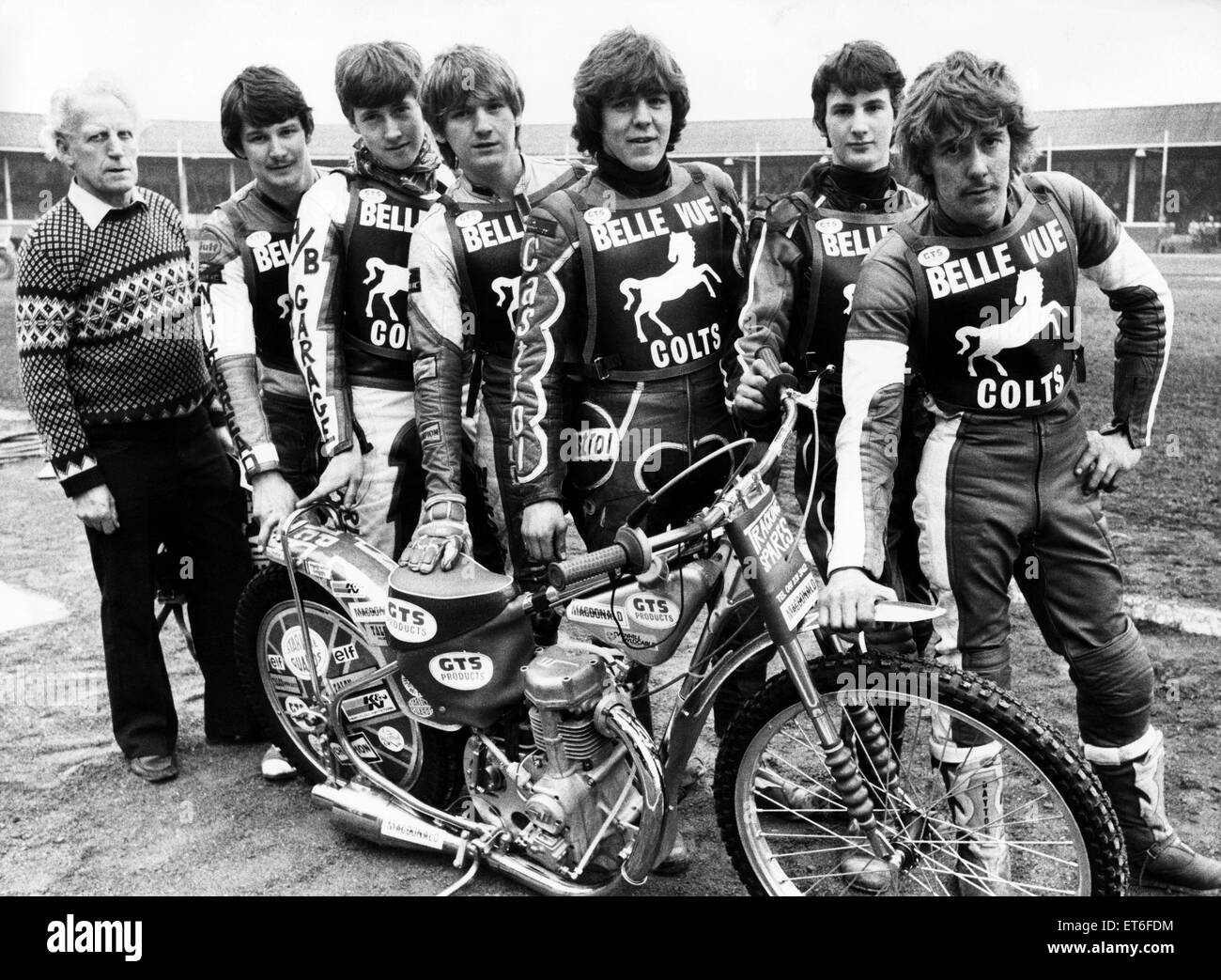 Belle Vue's new Colts team with their manager Ted Connor (left). They are (left to right) Gary Clegg, Martin Scarisbrick, Lee Edwards, Paul Heyes, Peter Clegg and Dave Wild. The Belle Vue Colts are the junior youth development team of the Belle Vue Aces. Stock Photo