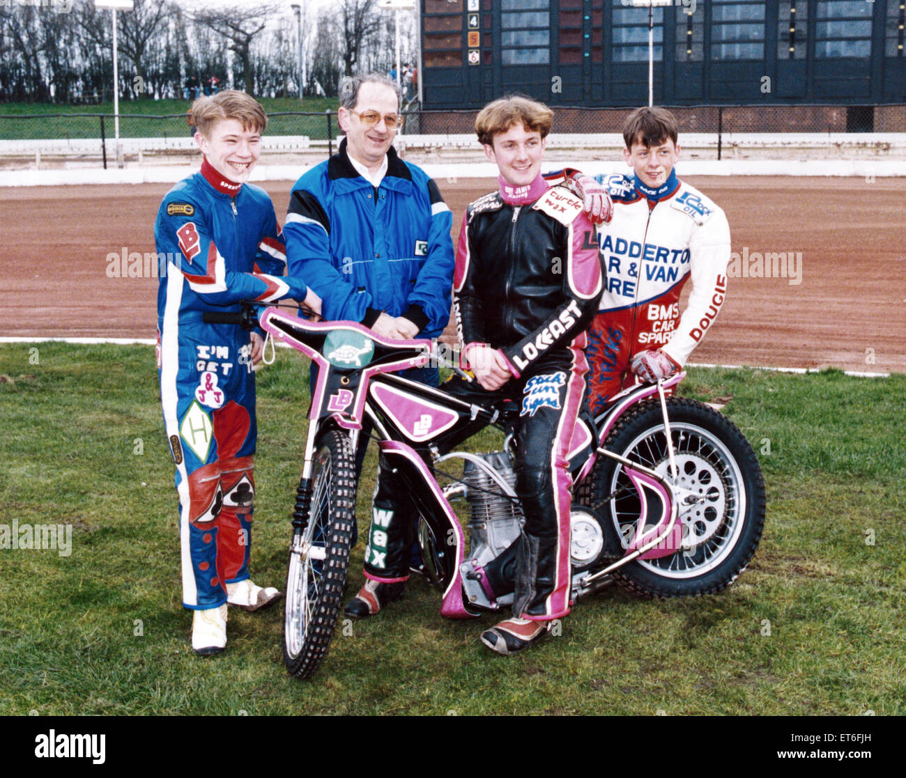 Manager Gordon Smith with Belle Vue's team for the new Junior League which is (left to right) Peter Scully, Mike Hampson and Jon Armstrong. 13th March 1993. Stock Photo