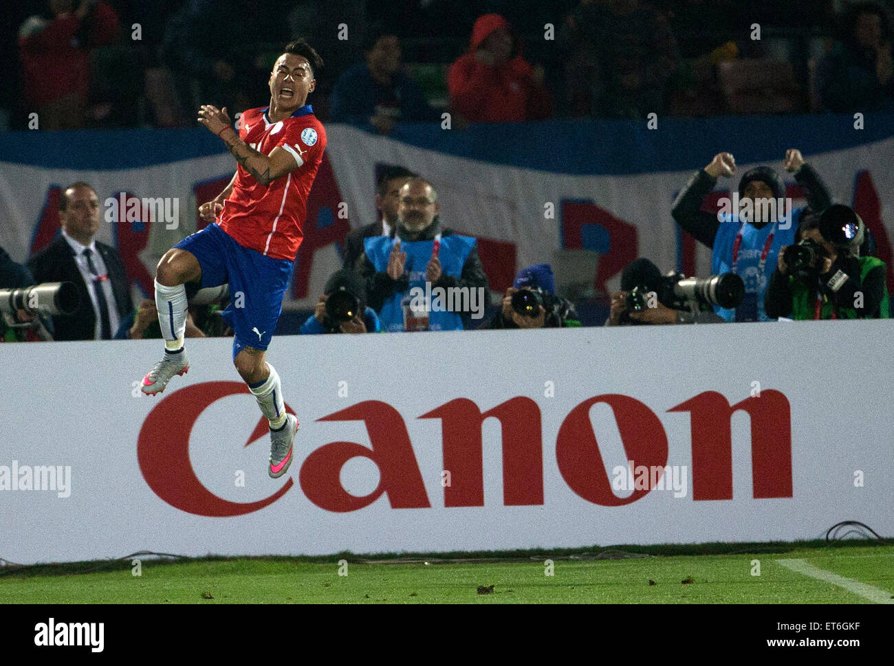 Santiago, Chile. 11th June, 2015. Eduardo Vargas of Chile celebrates scoring during the opening match of the Copa America 2015 against Ecuador, in Santiago, capital of Chile, on June 11, 2015. Chile won 1-0. Credit:  Guillermo Arias/Xinhua/Alamy Live News Stock Photo
