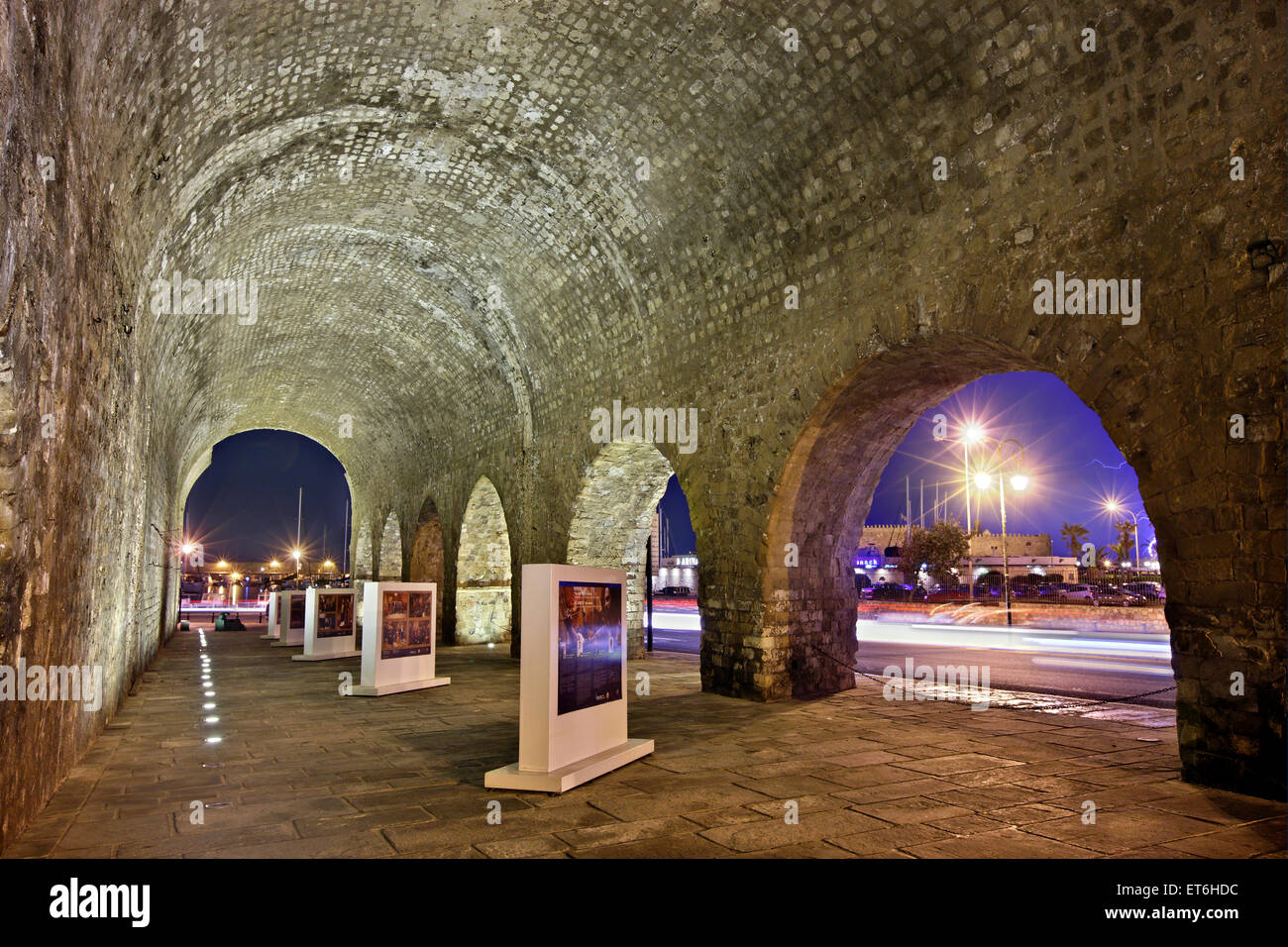 Part of the Venetian shipyards ('Neoria'), close to the old port of Heraklion, in the 'blue' hour. Crete island, Greece Stock Photo