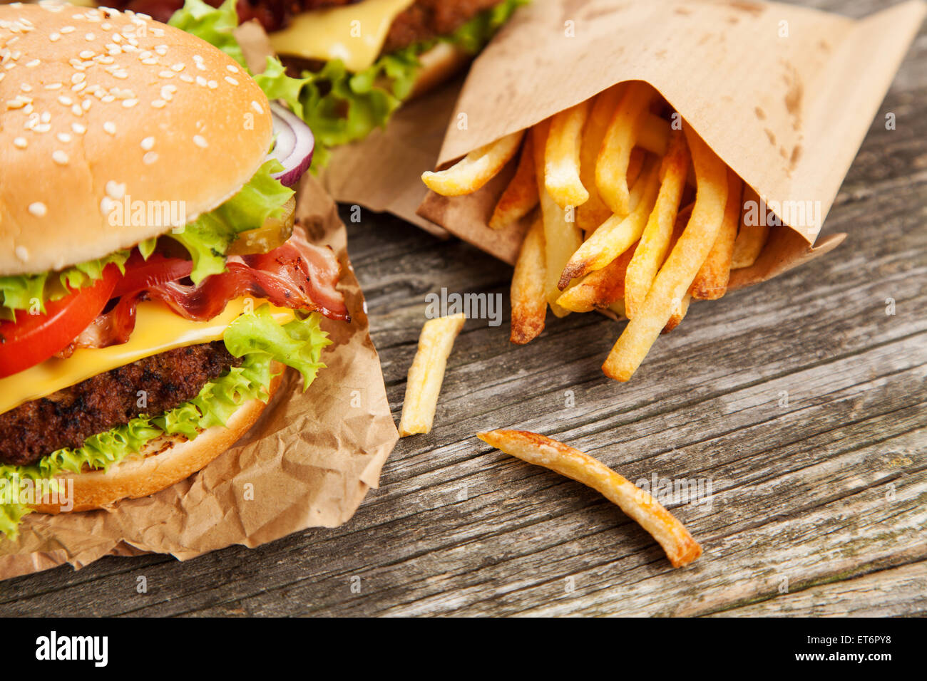 Delicious hamburger and fries Stock Photo