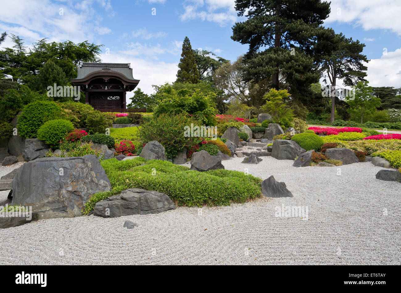 Kew royal botanical gardens, Japanese gateway with rock and raked gravel garden- London, UK, Europe Stock Photo