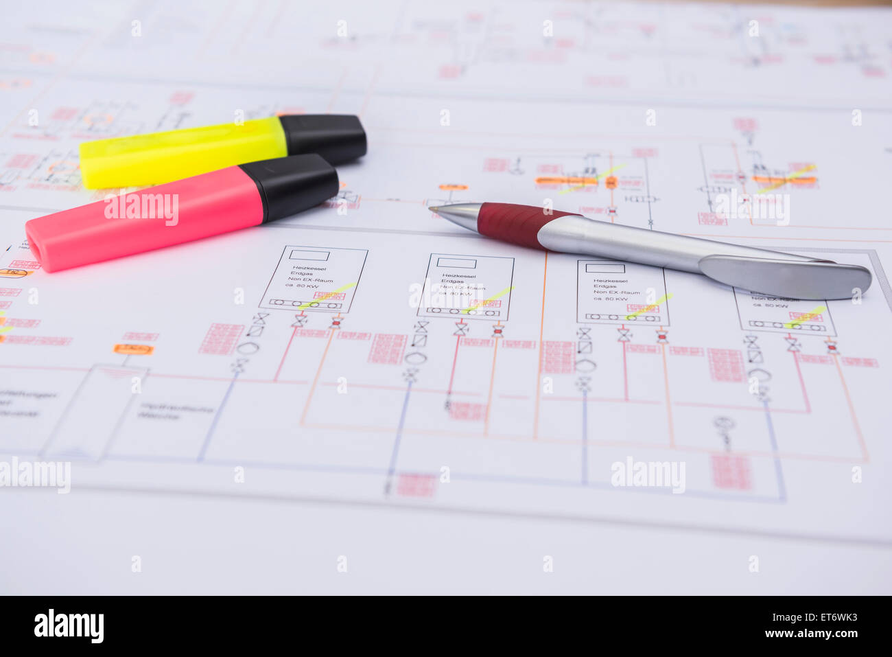 Pen and felt tip marker on electrical blueprint, Munich, Bavaria, Germany Stock Photo