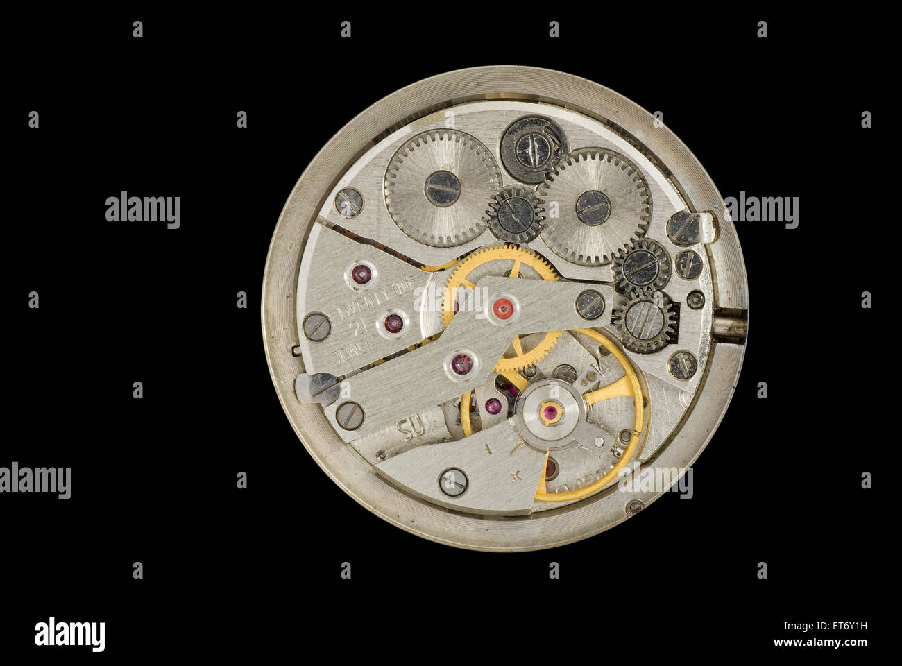 Clockwork of an old Soviet Union watch on a black background - macro ...