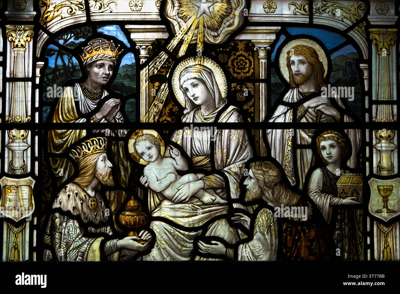 UK, England, Derbyshire, Buxton, St Anne’s Church, nativity stained glass window Stock Photo