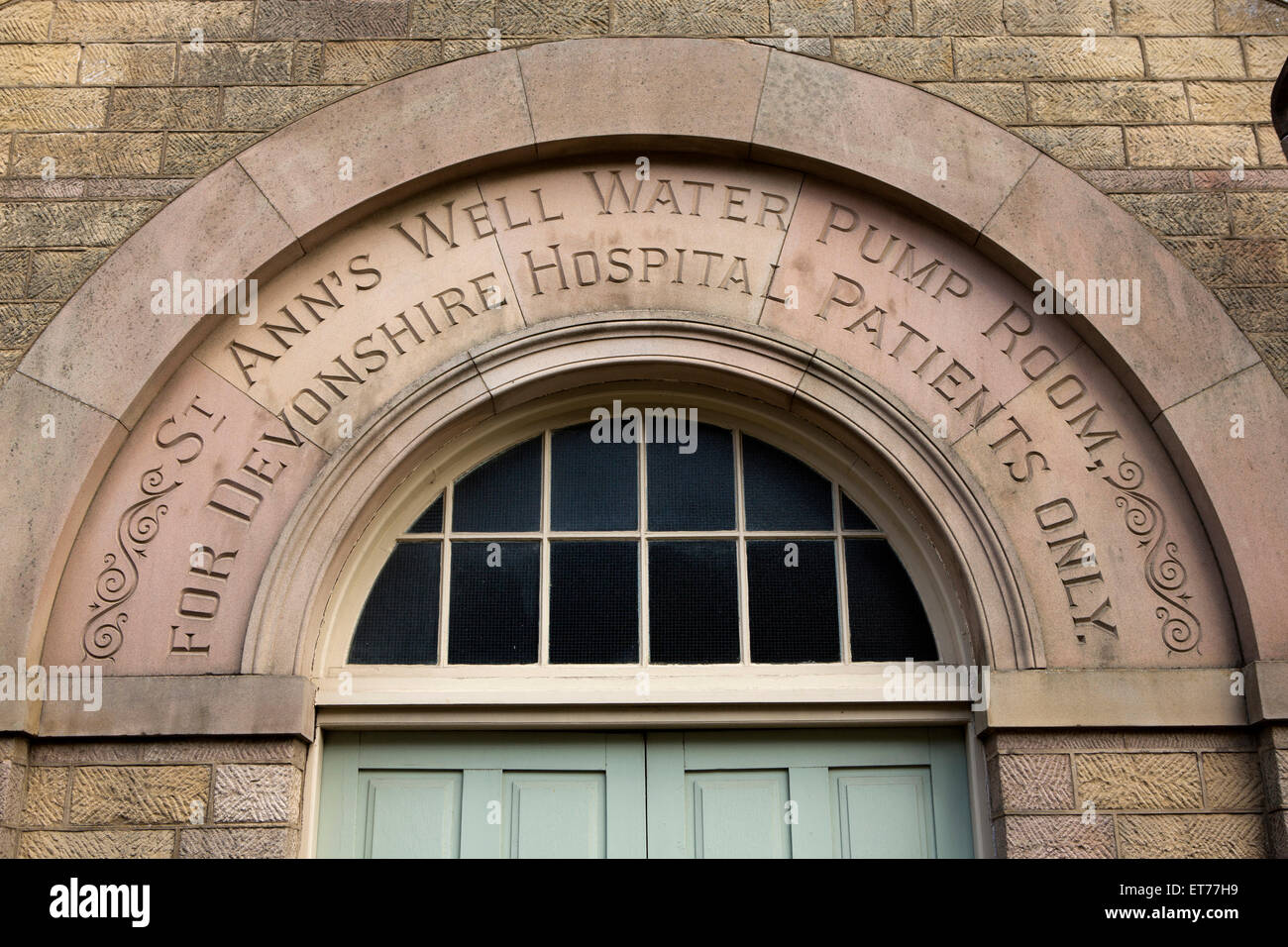 UK, England, Derbyshire, Buxton, Old Devonshire Hospital St Anne’s Well Pump Room sign Stock Photo