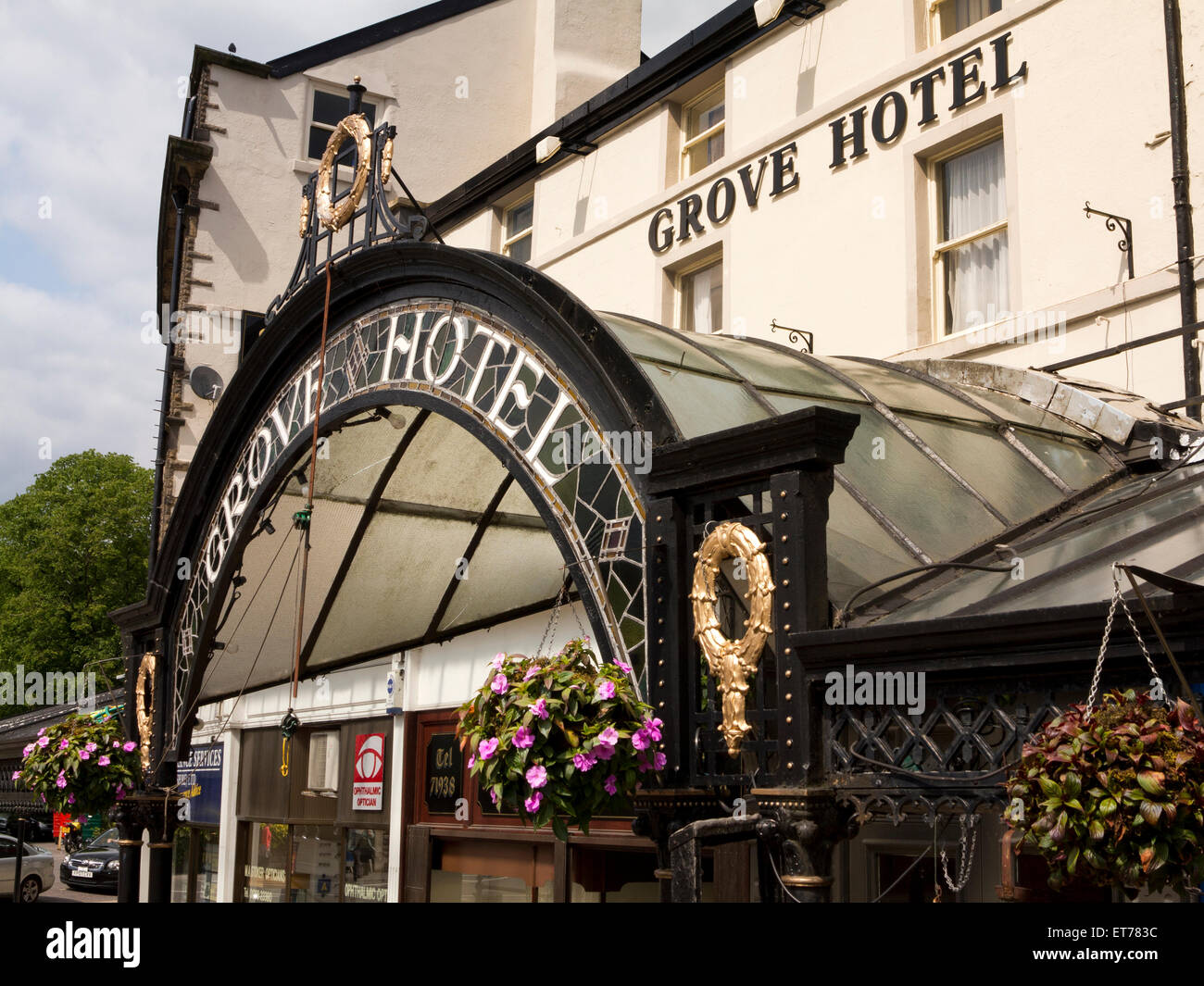 UK, England, Derbyshire, Buxton, Terrace Road, leaded glass canopy of Grove Hotel Stock Photo