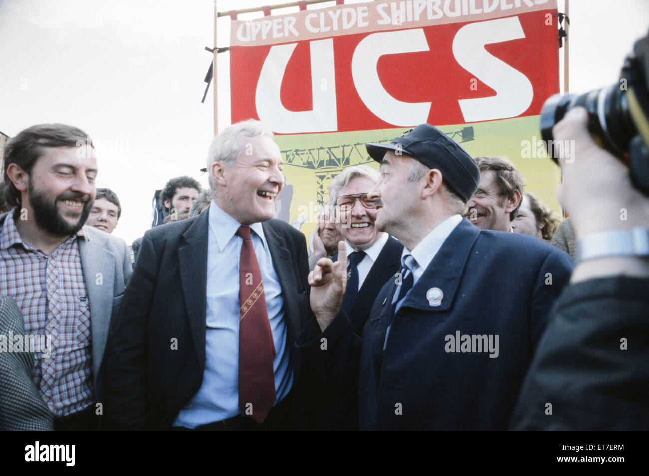 MP for Bristol South East Tony Benn attends an anti Margaret Thatcher demonstration with Clyde shipbuilders. September 1982. Stock Photo
