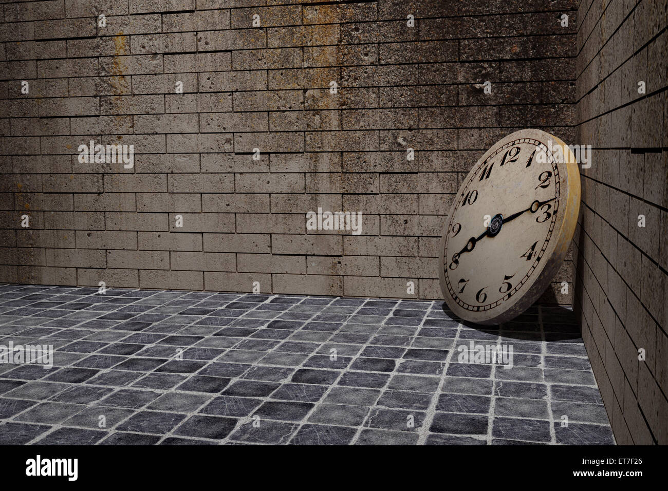 3d rendering of an old clock on a dirty and old wall Stock Photo - Alamy