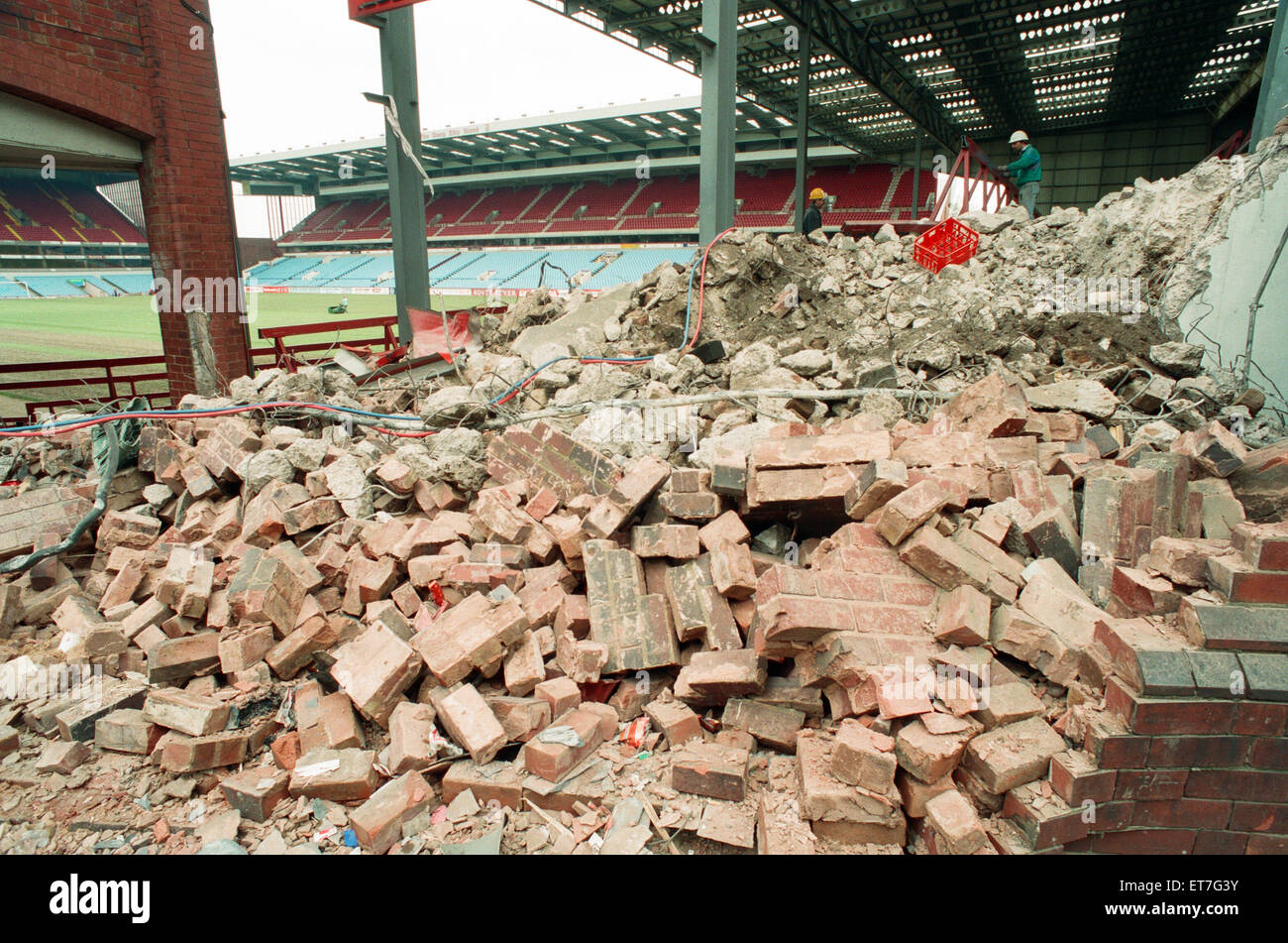 The Holte End stand at Villa Park is demolished by workmen. 10th May