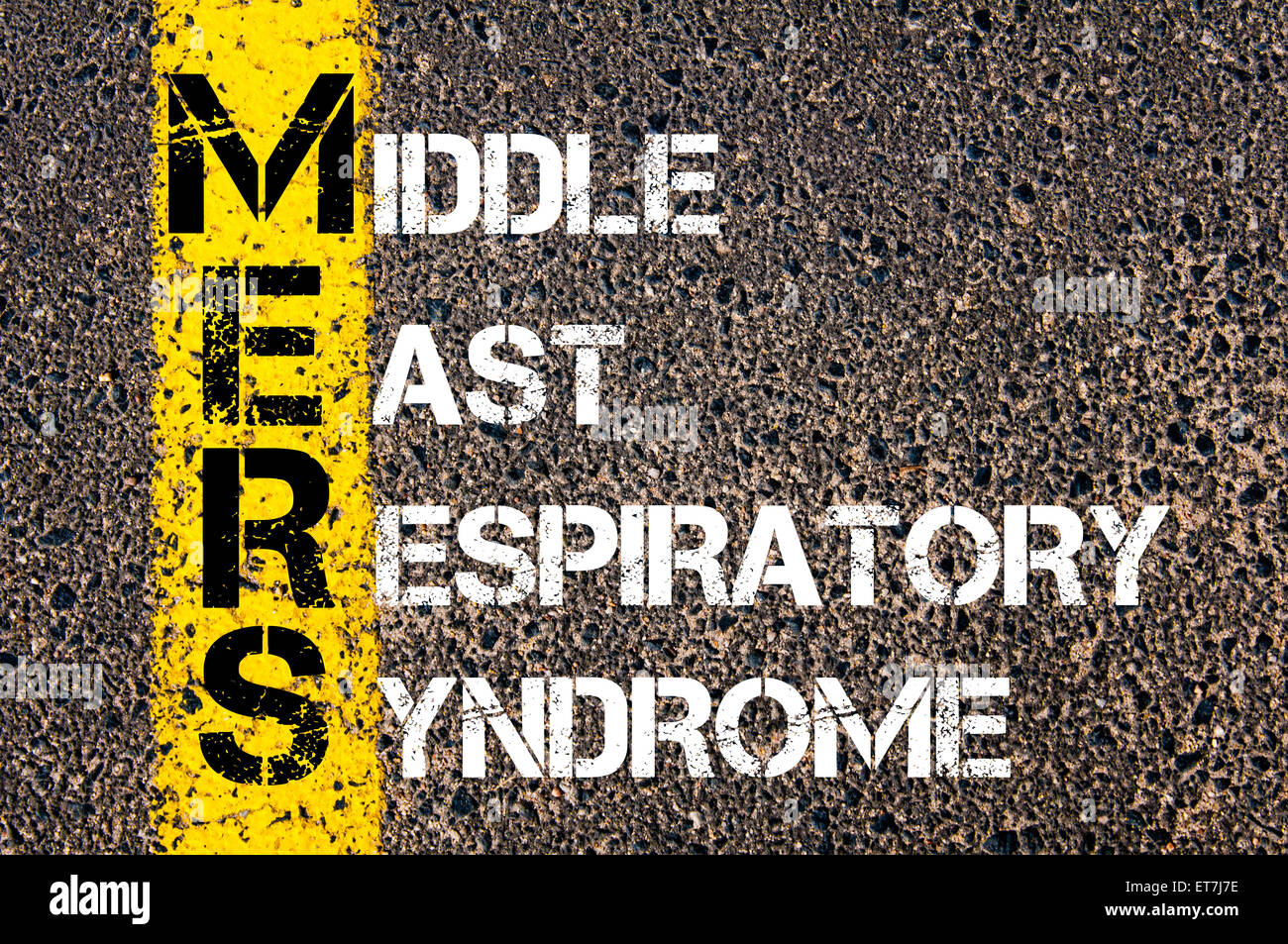 Medical Acronym MERS as Middle East Respiratory Syndrome. Concept image with yellow paint line on the road against asphalt background. Stock Photo