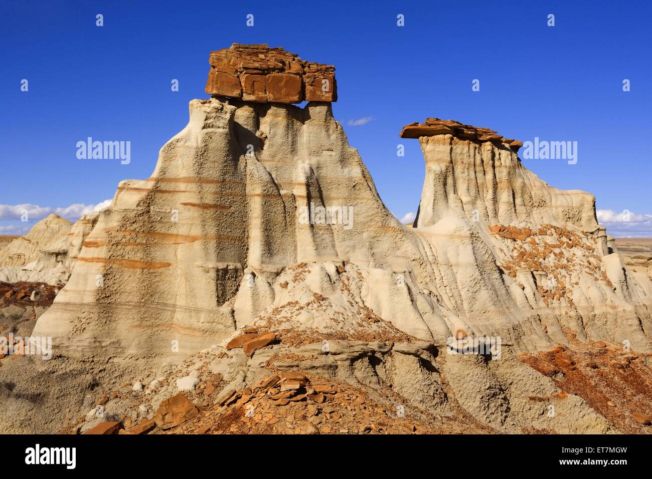 Giant Hoodoos, Lehmskulpturen mit Felskappe in den Badlands, USA, New Mexico, Bisti Badlands Wilderness Area | Giant Hoodoos, er Stock Photo