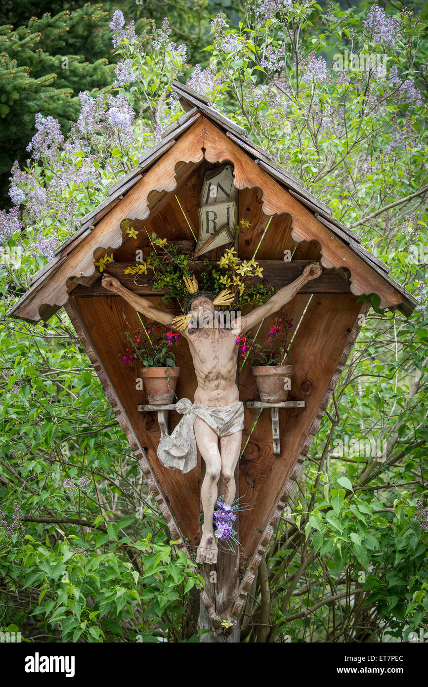 Wayside shrine, crucifix, Prägraten am Großvenediger, Virgental valley, East Tyrol, Austria Stock Photo