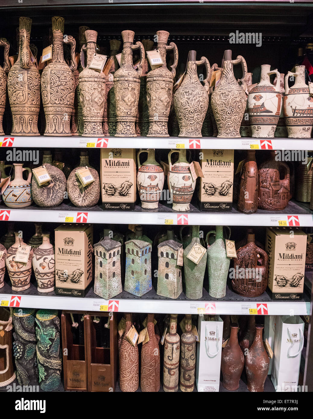 Wine bottles in hypermarket in Tbilisi, capital of Georgia Stock Photo