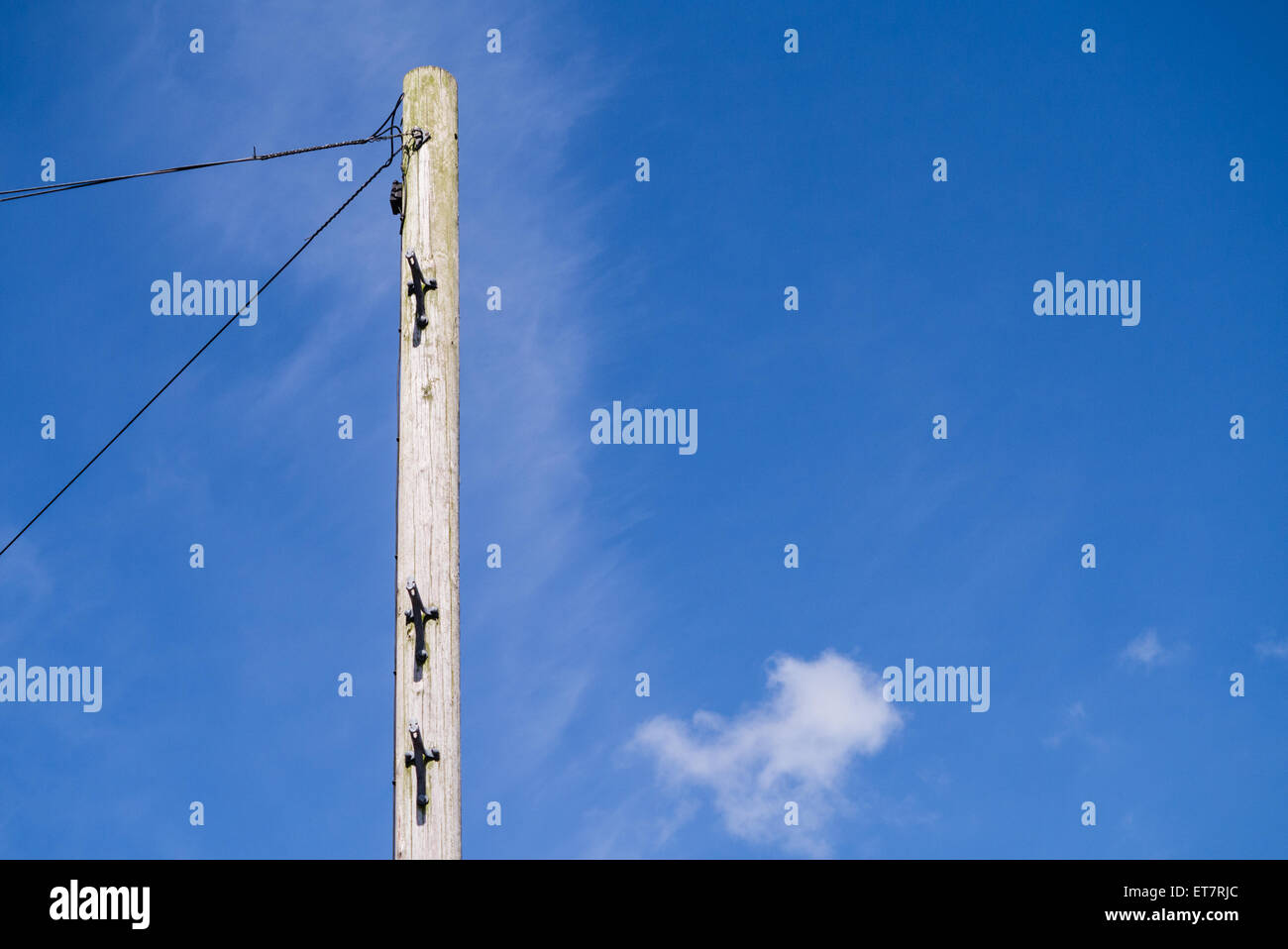 Wooden telegraph pole against a bright blue sky with copyspace Stock Photo