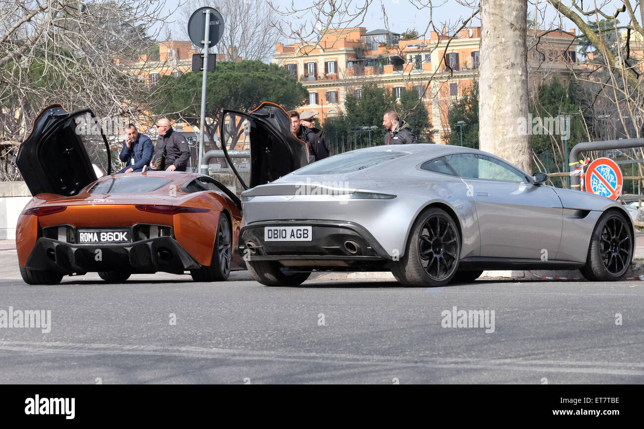 An Aston Martin DB10 and Jaguar-X75 parked on the banks of the Tiber during  filming for James Bond 'Spectre' Where: Rome, Italy When: 20 Feb 2015  Credit: IPA/WENN.com **Only available for publication