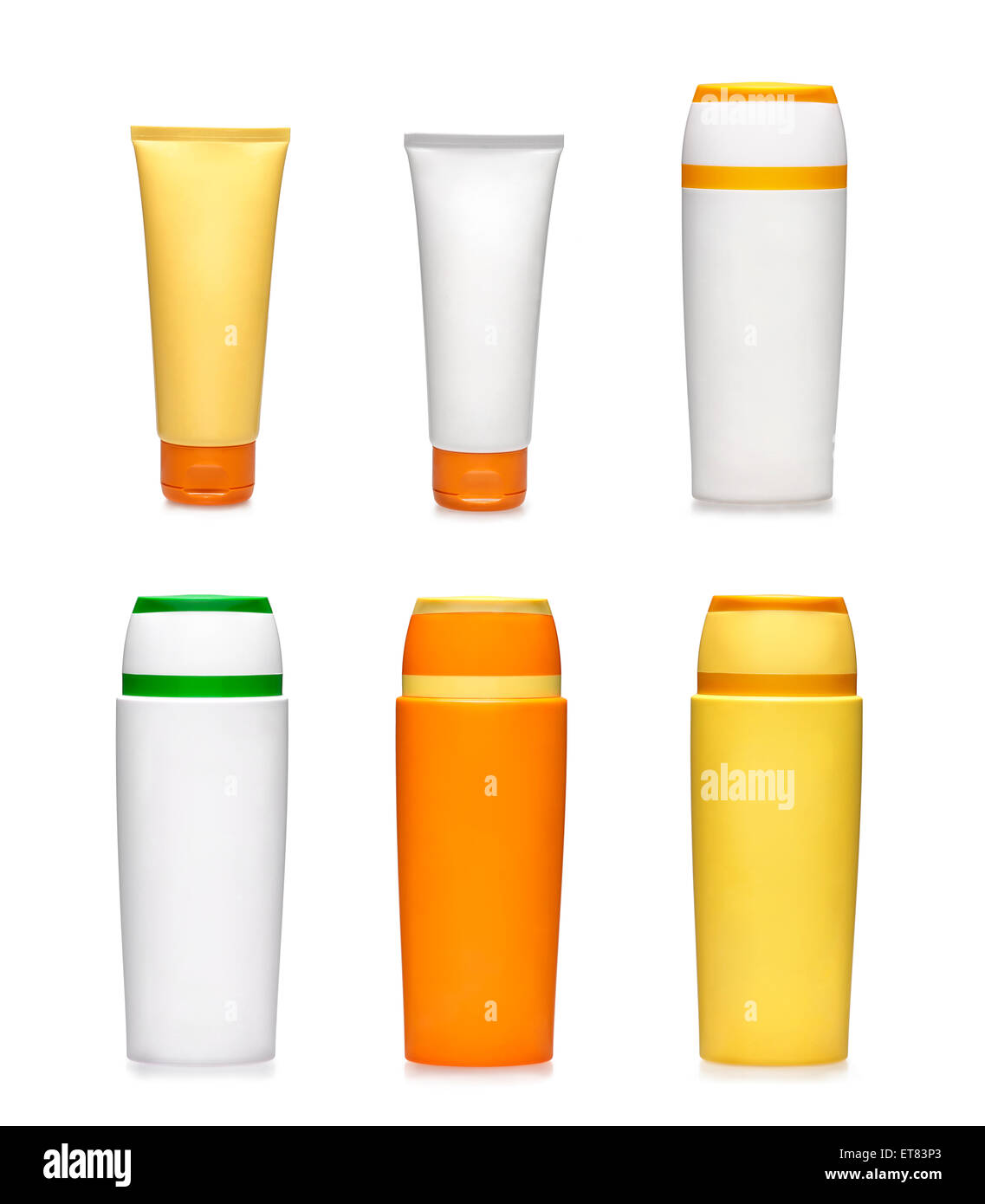 Six generic containers. Beauty goods. Sunscreen bottles on white background Stock Photo