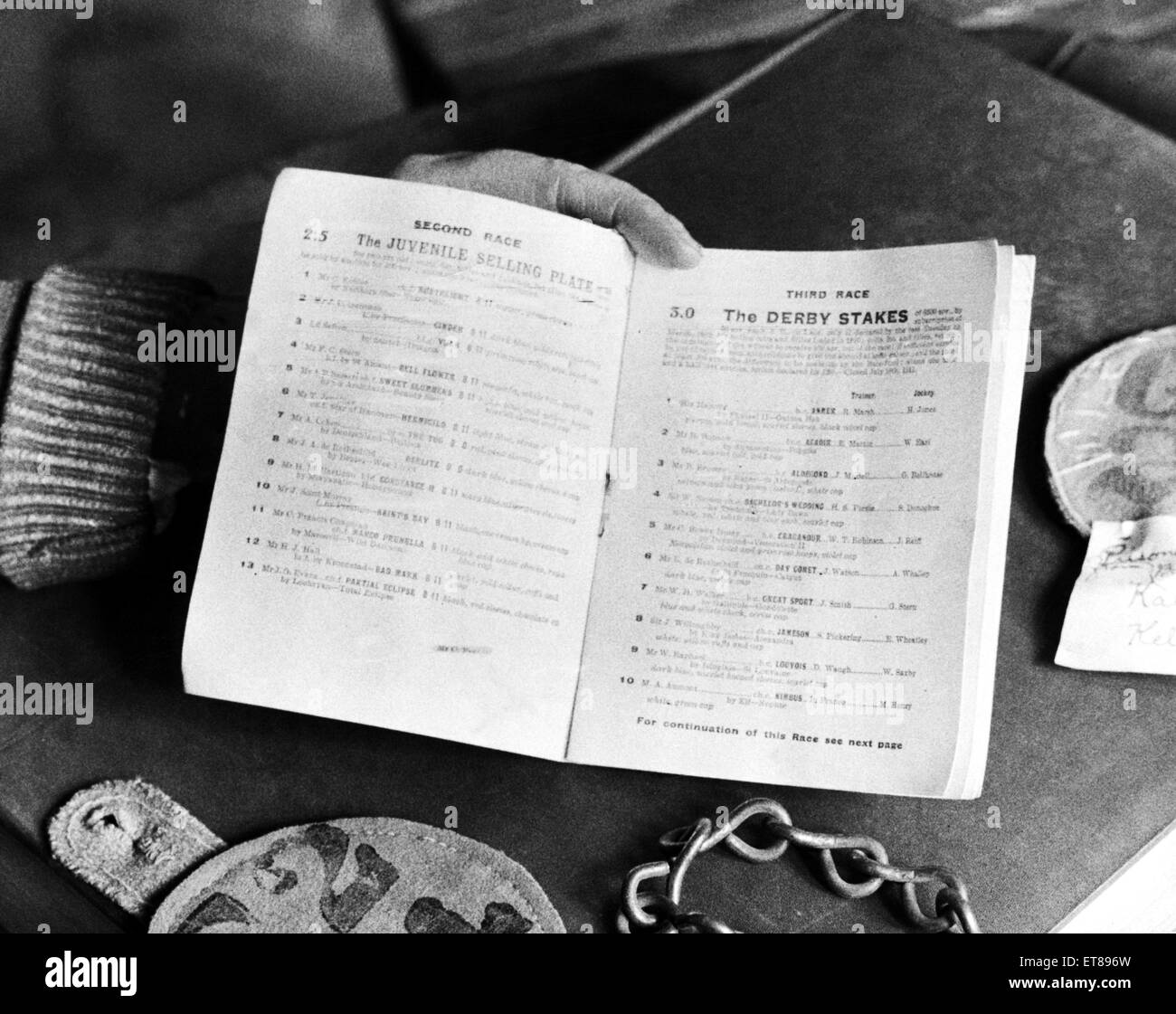 Objects from the Suffragette movement are being assembled at Brunswick Square, where a museum has been started to perpetuate the memory of the fighters for women's suffrage. Pictured, the Epsom Derby race card. 24th March 1939. Stock Photo