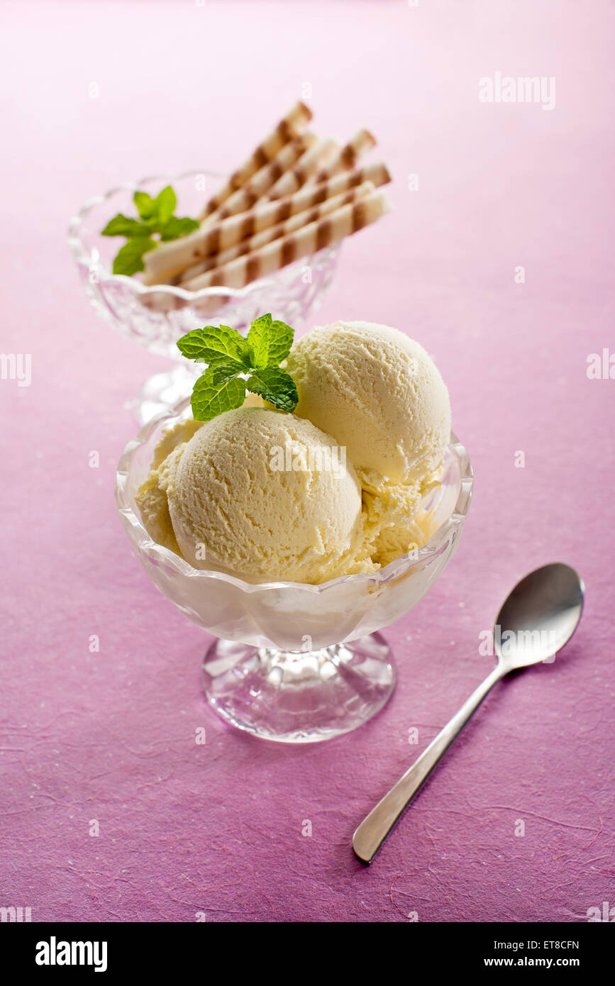 Fresh vanilla ice cream in a bowl close up Stock Photo