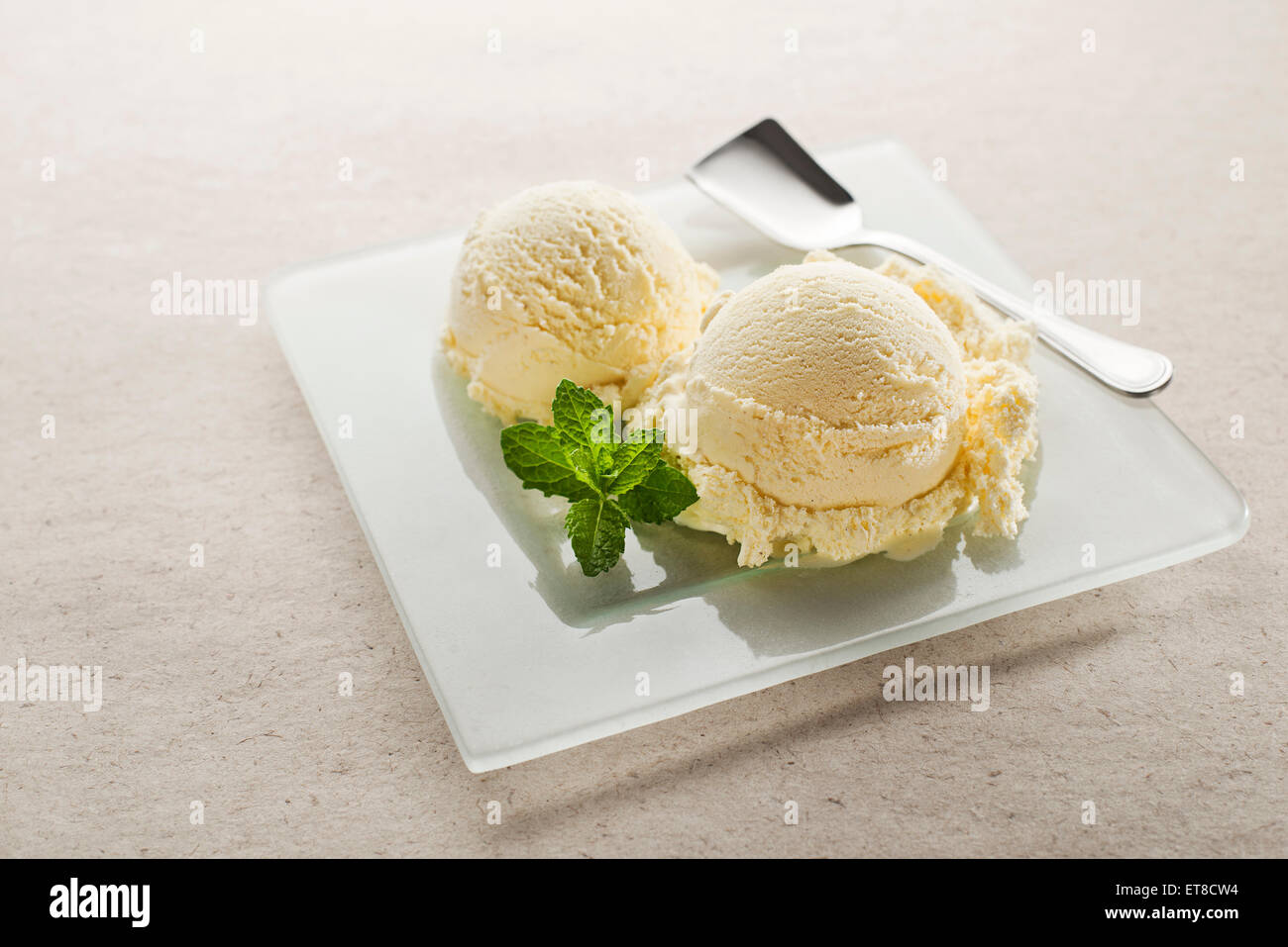Vanilla ice cream on a plate close up Stock Photo