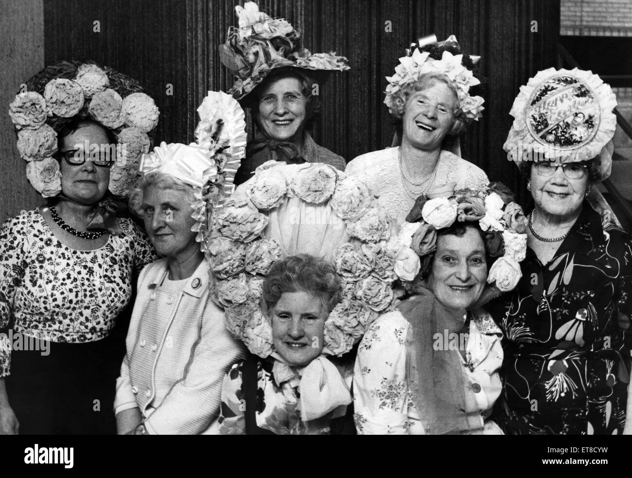 MEA House, Newcastle, Easter Bonnet Parade organised by Age Concern, 6th April 1977.  The winning competitors rae (l-r) Mrs Betty Reed, Mrs Marjorie Davies, Mrs Hannah Moffatt Mrs Lily Hay, Mrs Phyllis Armstrong, Mrs Hilda Shield and Mrs Barbara Coulthard Stock Photo