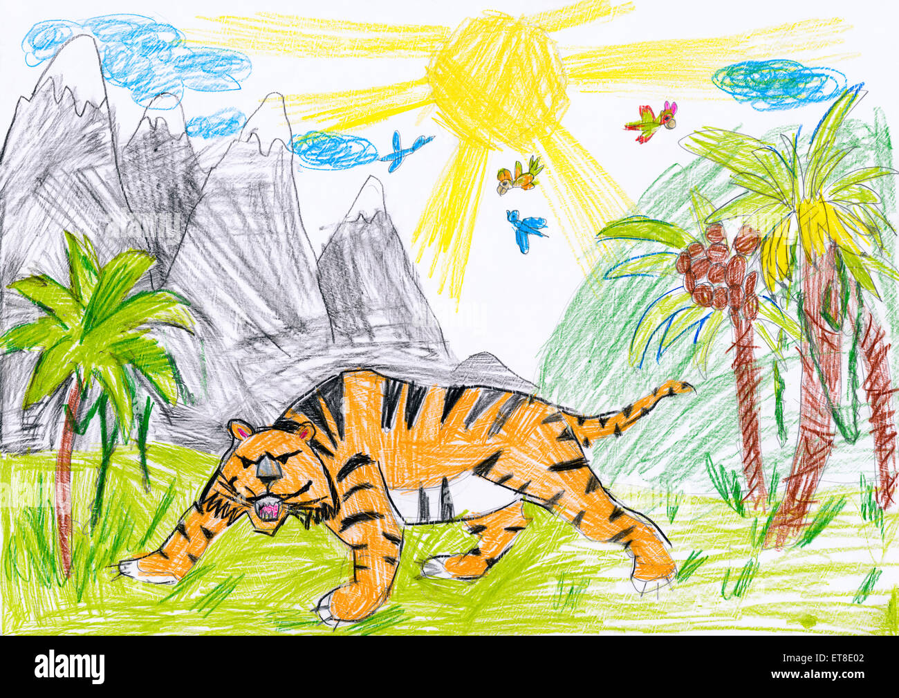 tiger in the wild. child drawing Stock Photo