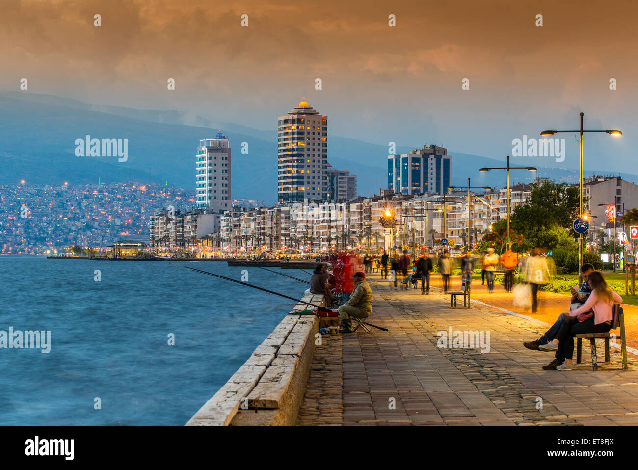 City skyline with Kordon sea promenade at sunset, Izmir, Turkey Stock Photo