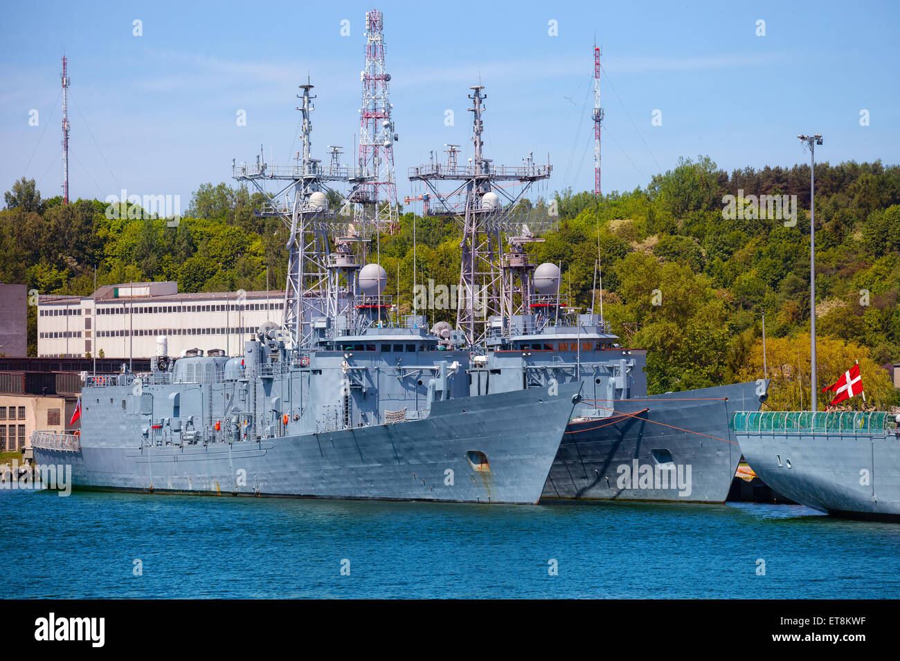 Navy warship moored at the wharf in the port of Gdynia, Poland. Stock Photo