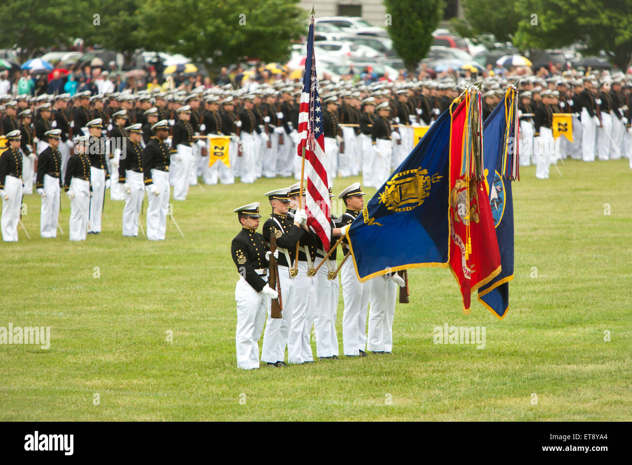 US Naval Academy Color Guard present the colors at the Color Parade at Worden Field on May 21, 2015 in Annapolis, Maryland. Stock Photo