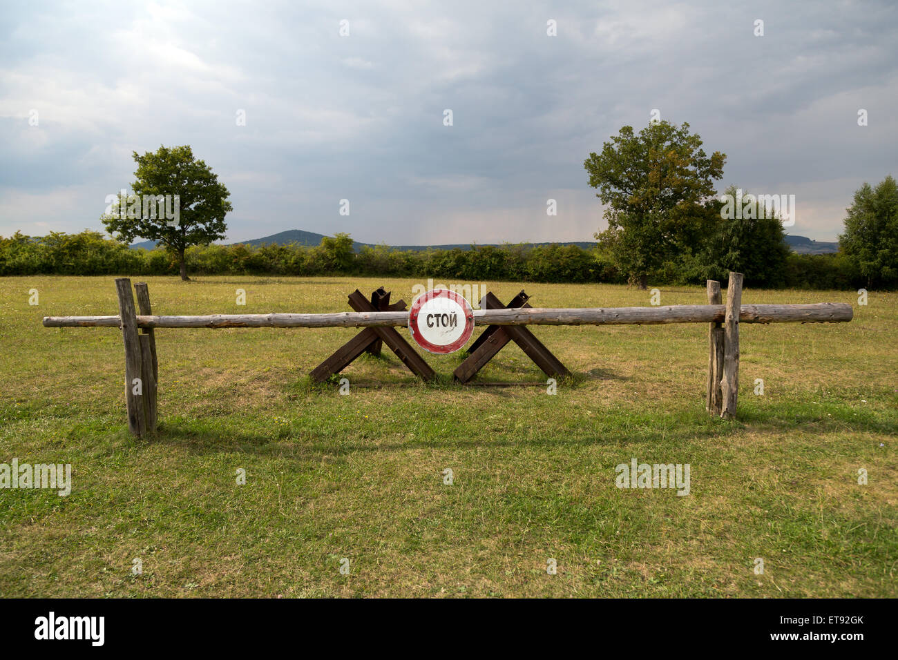 Geisa, Germany, Russian stop sign at the memorial site Point Alpha Stock Photo