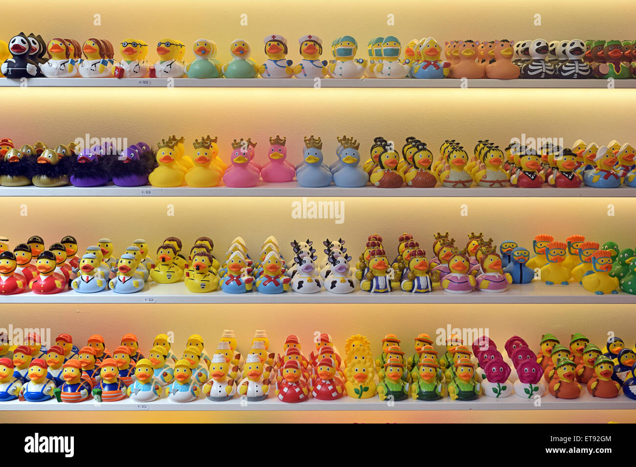A display of small plastic ducks for sale at The Duck Store on Oude Leliestraat in Amsterdam, Holland. Stock Photo
