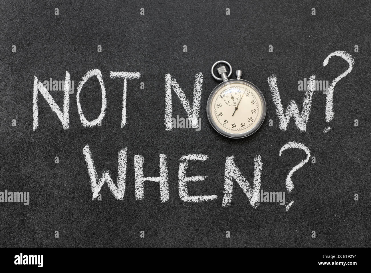 not now, when handwritten on chalkboard with vintage precise stopwatch used instead of O Stock Photo
