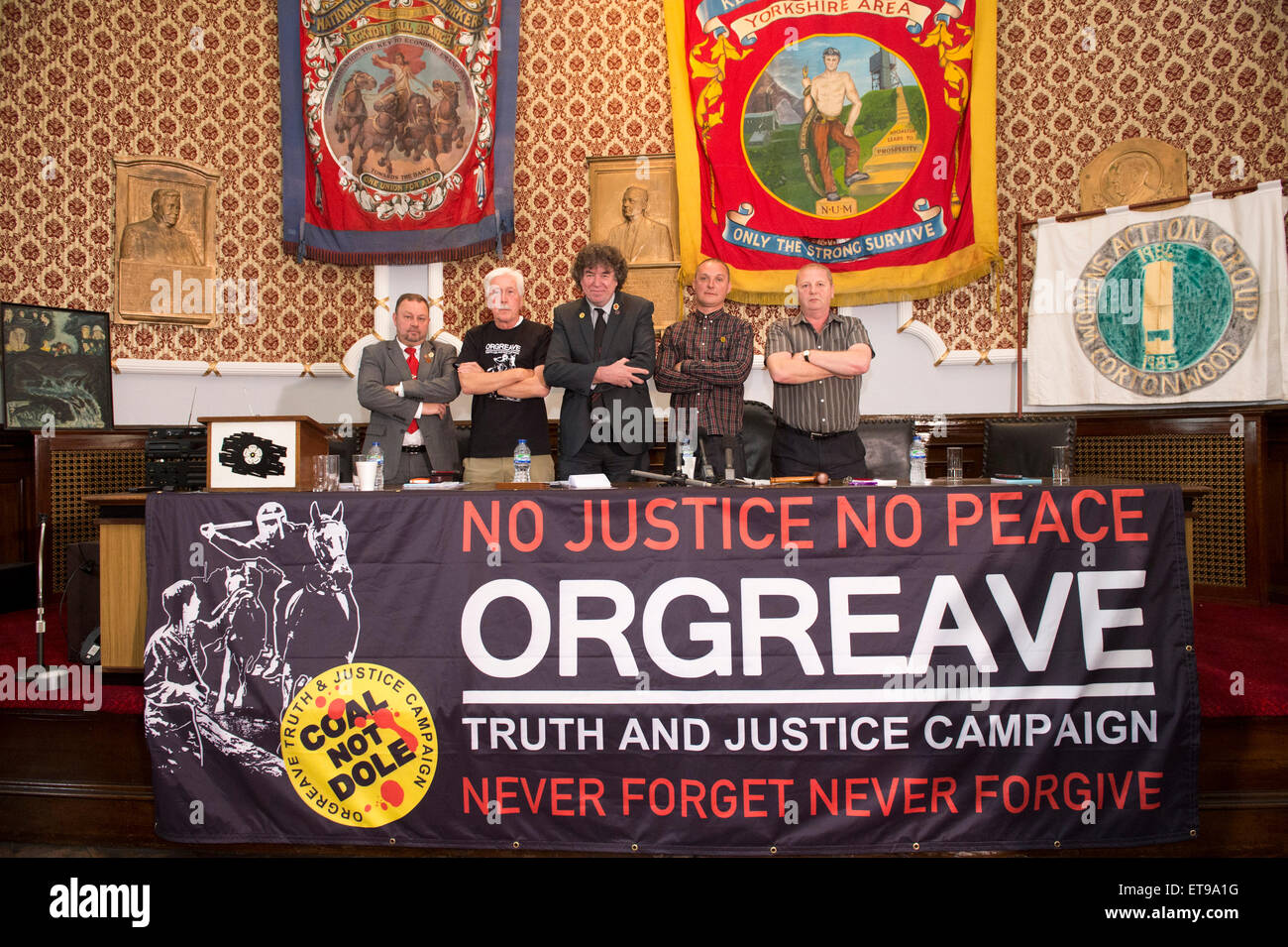 Barnsley, Yorkshire, UK. 12th June, 2015. At the Barnsley Headquarters of the NUM, Members of the Orgreave Truth and Justice Campaign release the findings of the IPCC report in to Orgreave Coking Plant in 1984. L-R Chris Kitchen (President NUM), Granville Williams (Truth and Justice Campiagn) Chris Skidmore (Yorkshire Area President, NUM), Joe Rollin (Unite the Union) Paul Winter (miner arrested at Orgreave) Credit:  Mark Harvey/Alamy Live News Stock Photo