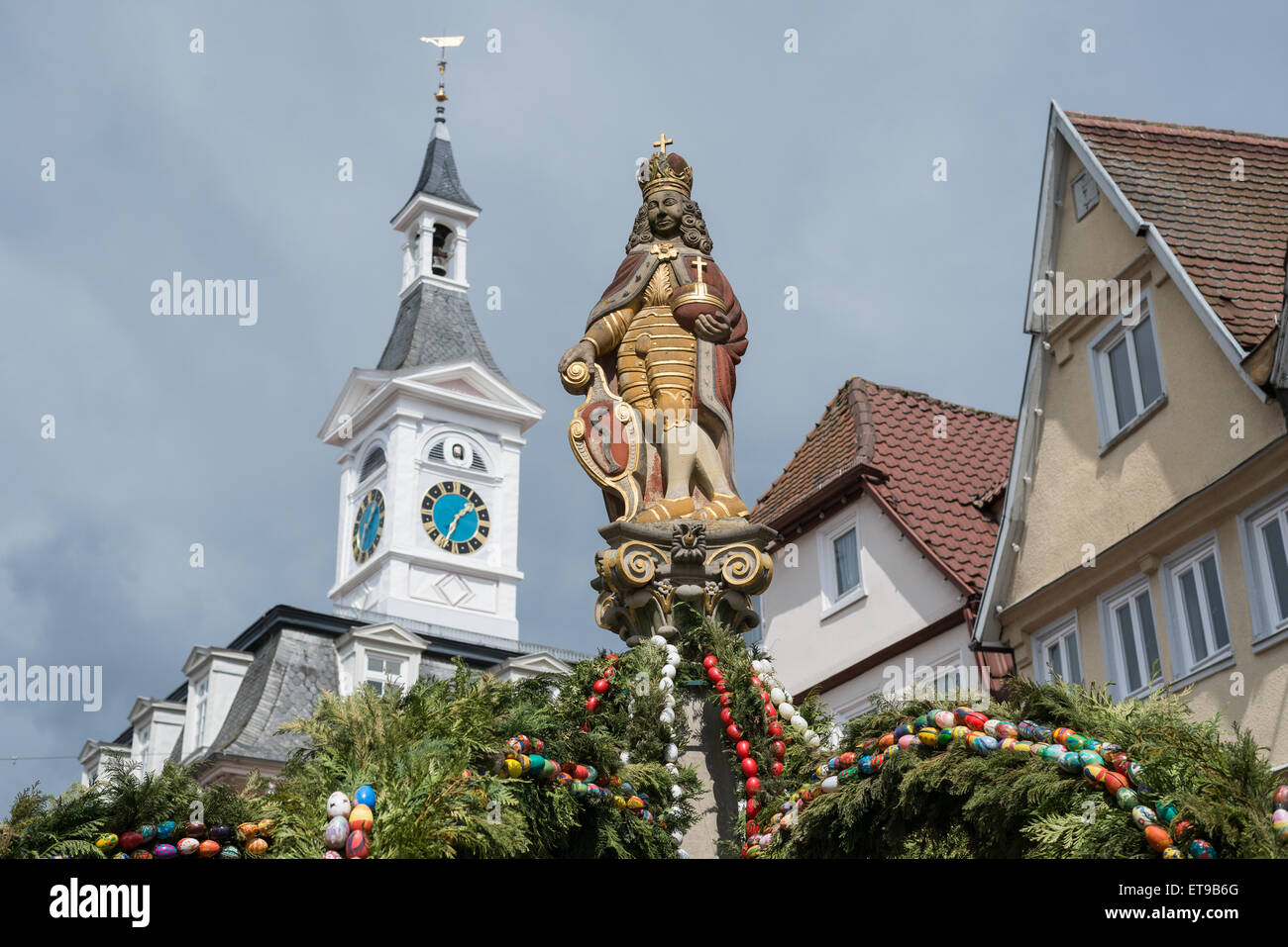 Aalen, Germany, fountain with Easter decorations on the market in the historic city center Stock Photo