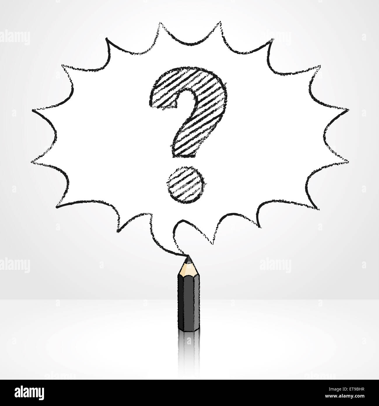 Black Pencil with Reflection Drawing Question Mark in Starburst Speech