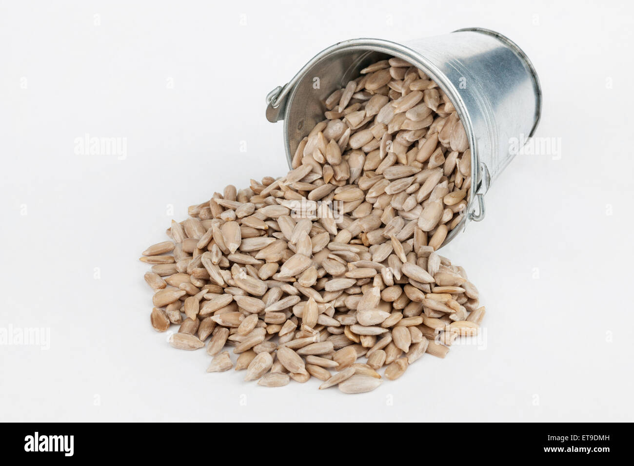 Sunflower seeds spilling out of bucket, on a white background Stock
